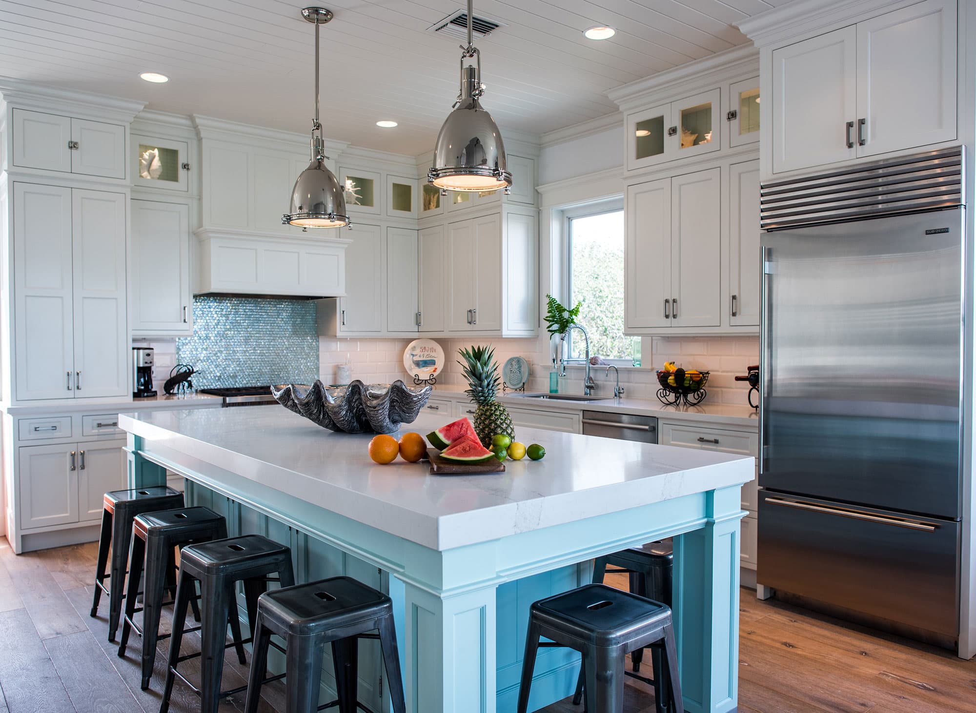 Coastal Style White Kitchen With Blue Island