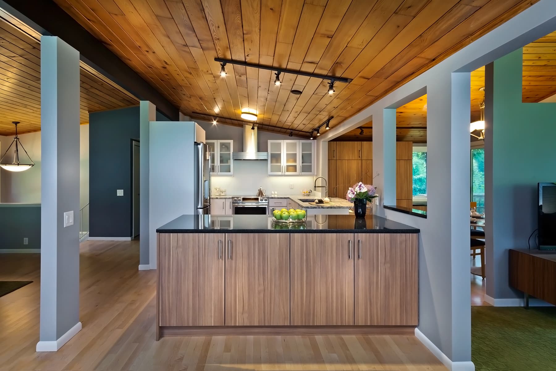 Matte White Kitchen With Arizona Cypress Storage Cabinets