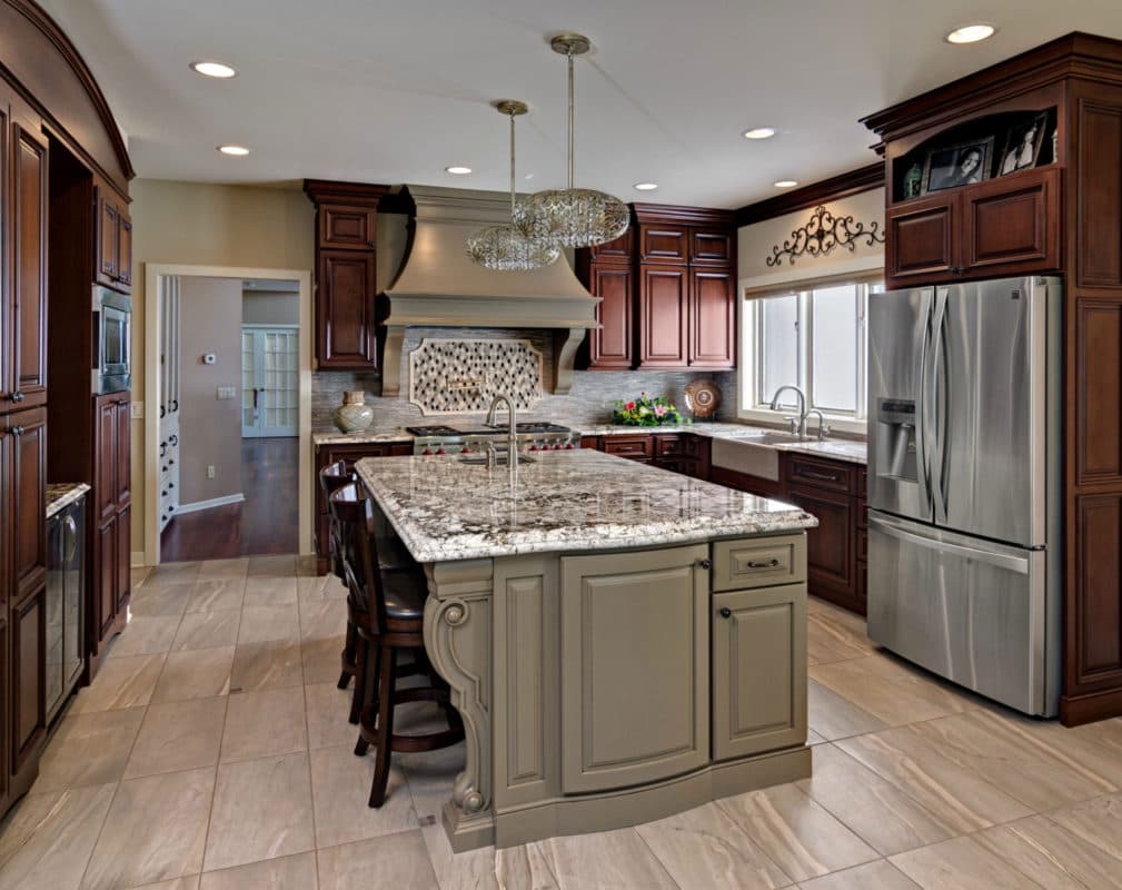 Traditional Cherry Cabinets With Medium Brown Painted Island